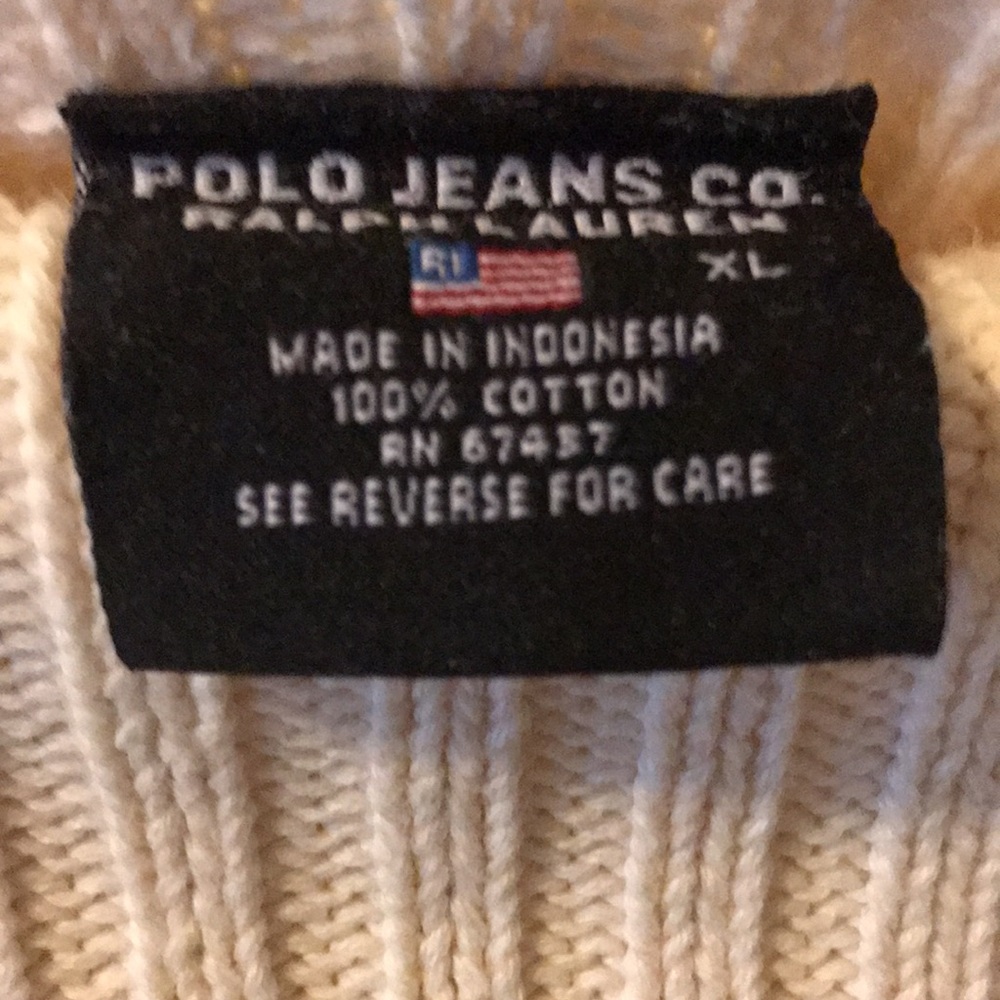 RALPH LAUREN. Polo Jeans Co. /  100 % Cotton Sweater Tan, w/ Red and Blue - Picture 4 of 6